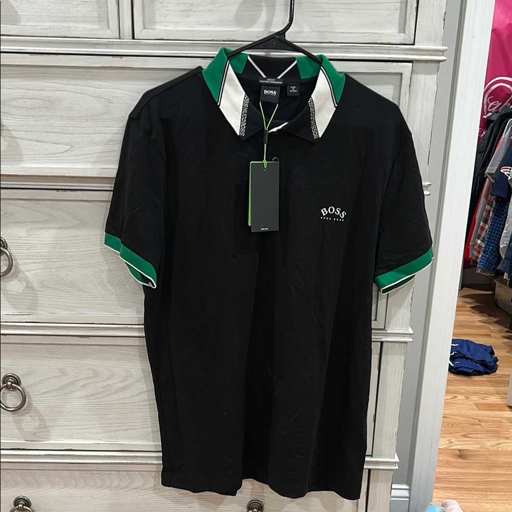 Boss Black and Green Polo Shirt with Striped Collar
